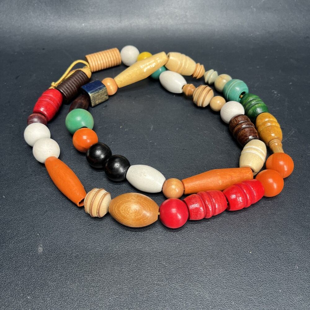 Wooden Beaded Statement Necklace Chunky Multicolor 42” inch Colorful Retro